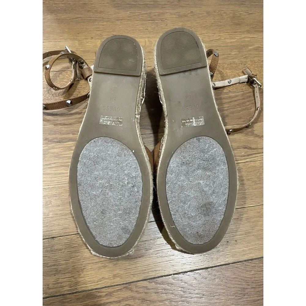 Guess Brown Caramel Espadrilles Stud Ankle Wrap Flats Size 8
